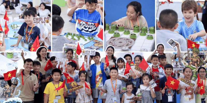 Nụ cười rạng rỡ và sự hào hứng của các bạn nhỏ trong buổi trải nghiệm Cờ Đông Sơn, giải pháp học sử qua ván cờ.