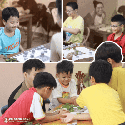 Các kỳ thủ nhí cùng nhau thảo luận nhóm sôi nổi và cười tươi rạng rỡ trong buổi trải nghiệm Cờ Đông Sơn.