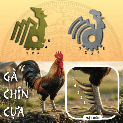 Hình ảnh minh họa Gà chín cựa dưới góc nhìn mặt bên (Profile View) giải thích chi tiết lý do quân Gà thuộc nhóm Sính lễ Cờ Đông Sơn chỉ hiển thị 5 chiếc cựa.