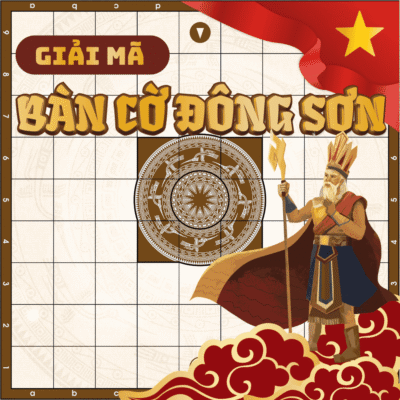 ồ họa giải mã thiết kế Bàn Cờ Đông Sơn với ma trận 9x9 (81 ô), khu vực Cung trung tâm in hoa văn Trống Đồng và hình ảnh minh họa Vua Hùng.