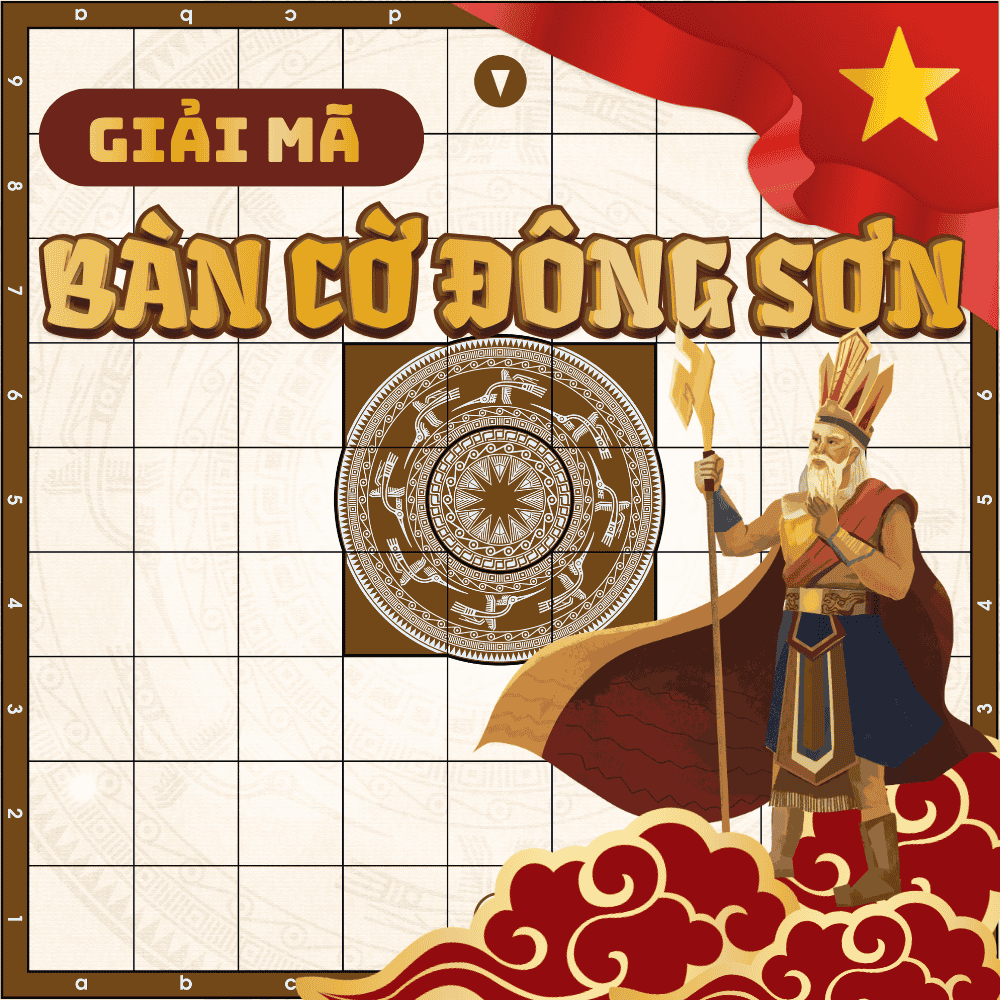ồ họa giải mã thiết kế Bàn Cờ Đông Sơn với ma trận 9x9 (81 ô), khu vực Cung trung tâm in hoa văn Trống Đồng và hình ảnh minh họa Vua Hùng.