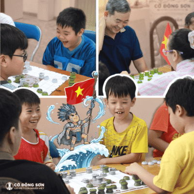 Nụ cười rạng rỡ của các bạn nhỏ và phụ huynh khi tham gia trải nghiệm Cờ Đông Sơn, tận hưởng ngày cuối tuần rời xa màn hình điện tử.
