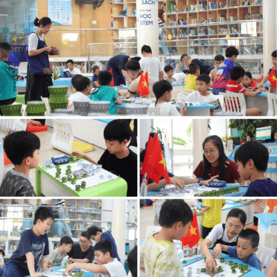 Hình ảnh các bạn nhỏ tham gia sinh hoạt Cờ Đông Sơn và làm thẻ thư viện để đủ điều kiện thi đấu Cúp Hùng Vương 2026.