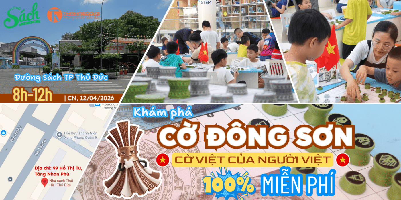 Poster thông báo sự kiện trải nghiệm Cờ Đông Sơn miễn phí 100% dành cho gia đình và các bé tại Đường Sách TP Thủ Đức vào Chủ Nhật ngày 12/04/2026.