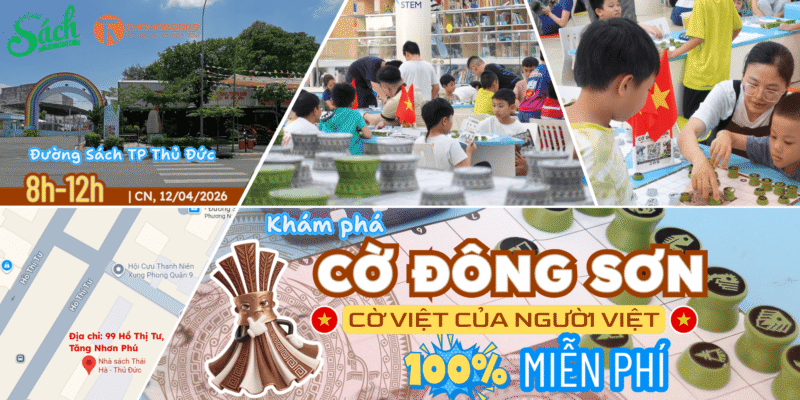 Poster thông báo sự kiện trải nghiệm Cờ Đông Sơn miễn phí 100% dành cho gia đình và các bé tại Đường Sách TP Thủ Đức vào Chủ Nhật ngày 12/04/2026.