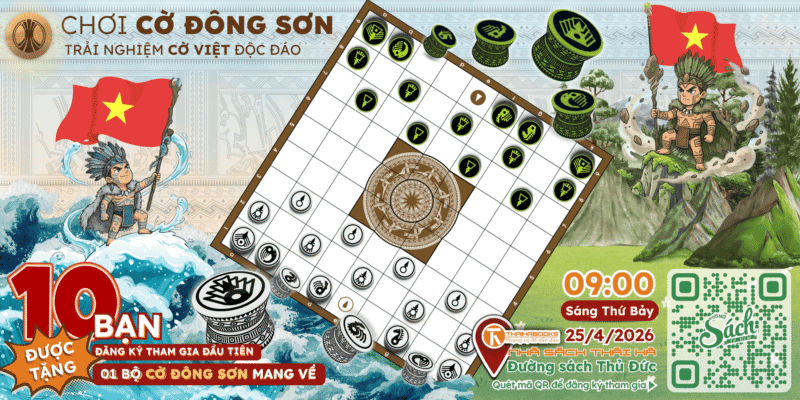 Poster thông tin chi tiết sự kiện ra mắt Cờ Đông Sơn tại Đường Sách TP Thủ Đức ngày 25/04/2026 với chương trình trải nghiệm miễn phí và tặng quà.