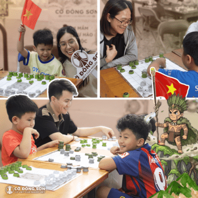 Hình ảnh các em nhỏ và phụ huynh tập trung tham gia trải nghiệm Cờ Đông Sơn tại không gian văn hóa Đường Sách, minh họa cho hoạt động rèn luyện tư duy và kết nối thực tế lành mạnh.