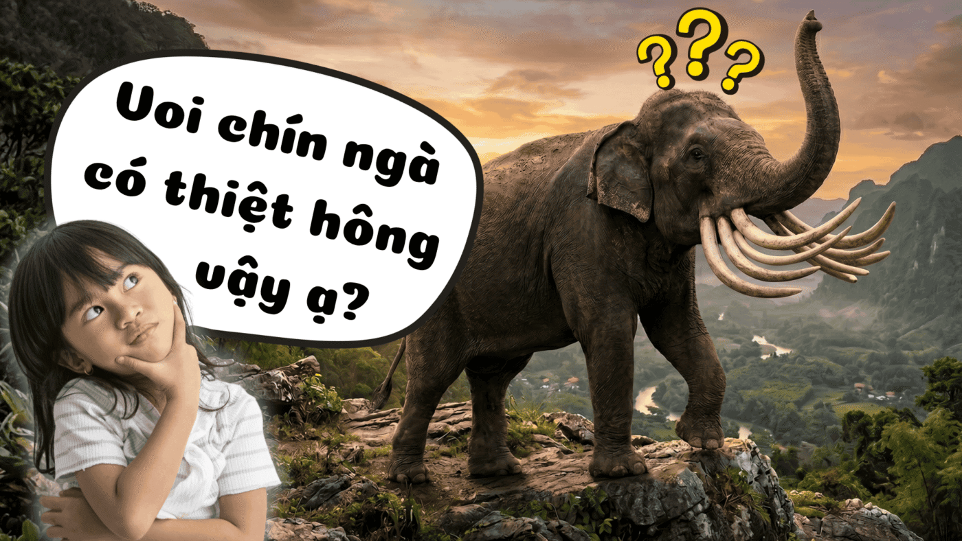 Hình ảnh bé gái đặt câu hỏi thắc mắc liệu Voi chín ngà có thật không, đứng bên cạnh minh họa tả thực về loài voi đa ngà tiền sử Gomphothere.