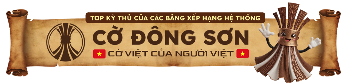 Banner vinh danh top kỳ thủ xuất sắc trên các bảng xếp hạng thuộc hệ thống Cờ Đông Sơn cùng hình ảnh linh vật ngộ nghĩnh.