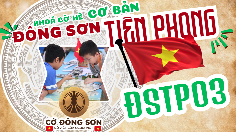 Banner giới thiệu Khóa cờ hè cơ bản Đông Sơn Tiên Phong, bước khởi đầu để các kỳ thủ nhí làm quen, luyện tập và tiến tới tích lũy elo trên bảng xếp hạng Cờ Đông Sơn.
