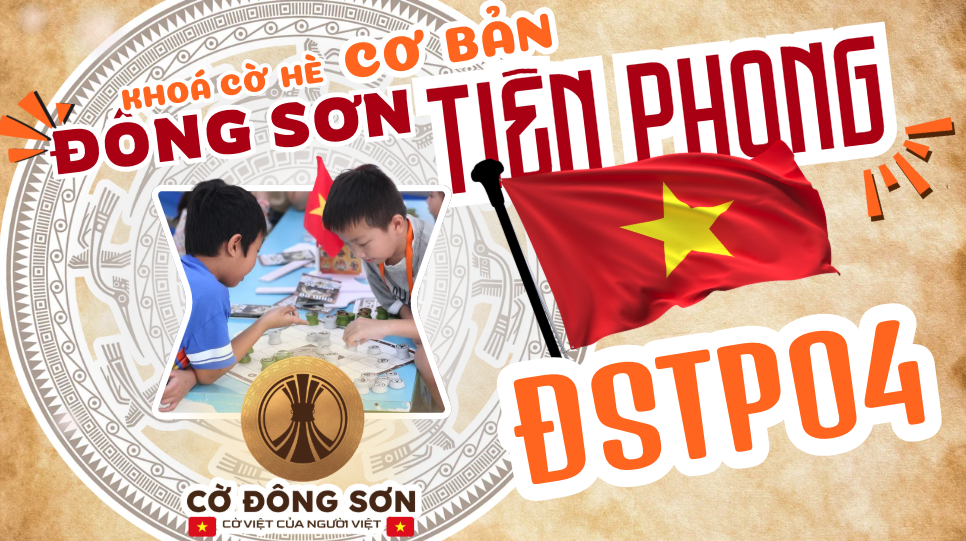 Banner giới thiệu Khóa cờ hè cơ bản Đông Sơn Tiên Phong, bước khởi đầu để các kỳ thủ nhí làm quen, luyện tập và tiến tới tích lũy elo trên bảng xếp hạng Cờ Đông Sơn.