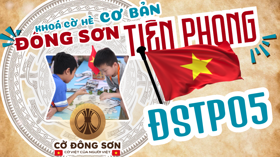 Banner giới thiệu Khóa cờ hè cơ bản Đông Sơn Tiên Phong, bước khởi đầu để các kỳ thủ nhí làm quen, luyện tập và tiến tới tích lũy elo trên bảng xếp hạng Cờ Đông Sơn.