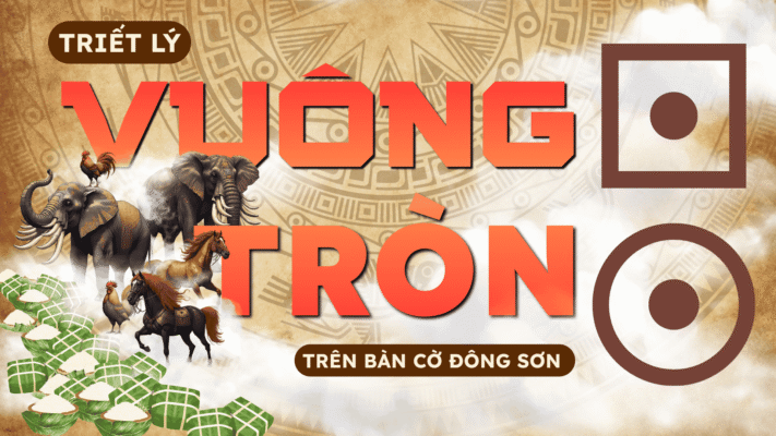 Ảnh đồ họa minh họa khái quát triết lý Âm Dương, Thuyết Vuông Tròn trên bàn Cờ Đông Sơn cùng các biểu tượng sính lễ lịch sử và sự tích Bánh Chưng Bánh Giầy.