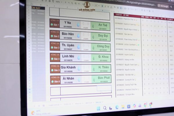 Cận cảnh màn hình máy tính hiển thị hệ thống chia bảng đấu vòng tứ kết và bảng xếp hạng thành tích chi tiết của các kỳ thủ nhí tại giải đấu nội bộ Khóa hè Cờ Đông Sơn.