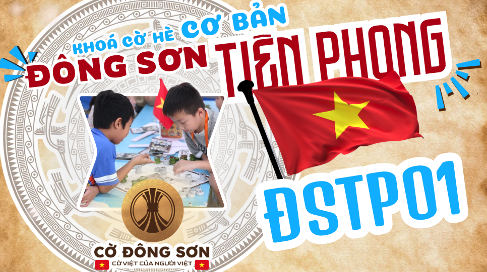 Banner giới thiệu Khóa cờ hè cơ bản Đông Sơn Tiên Phong, bước khởi đầu để các kỳ thủ nhí làm quen, luyện tập và tiến tới tích lũy elo trên bảng xếp hạng Cờ Đông Sơn.