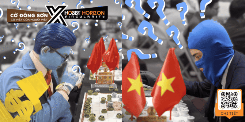 Hình ảnh các cosplayer đang tập trung đấu trí căng thẳng và đầy bí ẩn tại bàn Cờ Đông Sơn trong khuôn khổ sự kiện Hobby Horizon 2025.