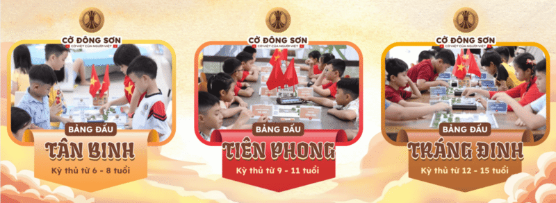 Chi tiết 3 bảng đấu Tân Binh, Tiên Phong và Tráng Đinh tại Giải đấu Cờ Đông Sơn lần 3, Cup Khởi Nguồn 2026 dành cho kỳ thủ từ 6 đến 15 tuổi.