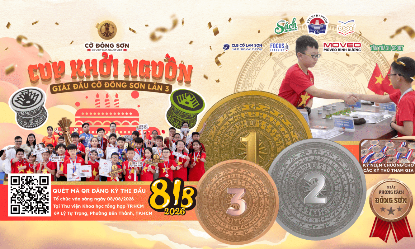 Poster chính thức Giải đấu Cờ Đông Sơn lần 3, Cup Khởi Nguồn 2026 diễn ra ngày 08/08 tại Thư viện KHTH TP.HCM với 3 bảng đấu: Tân Binh, Tiên Phong và Tráng Đinh.