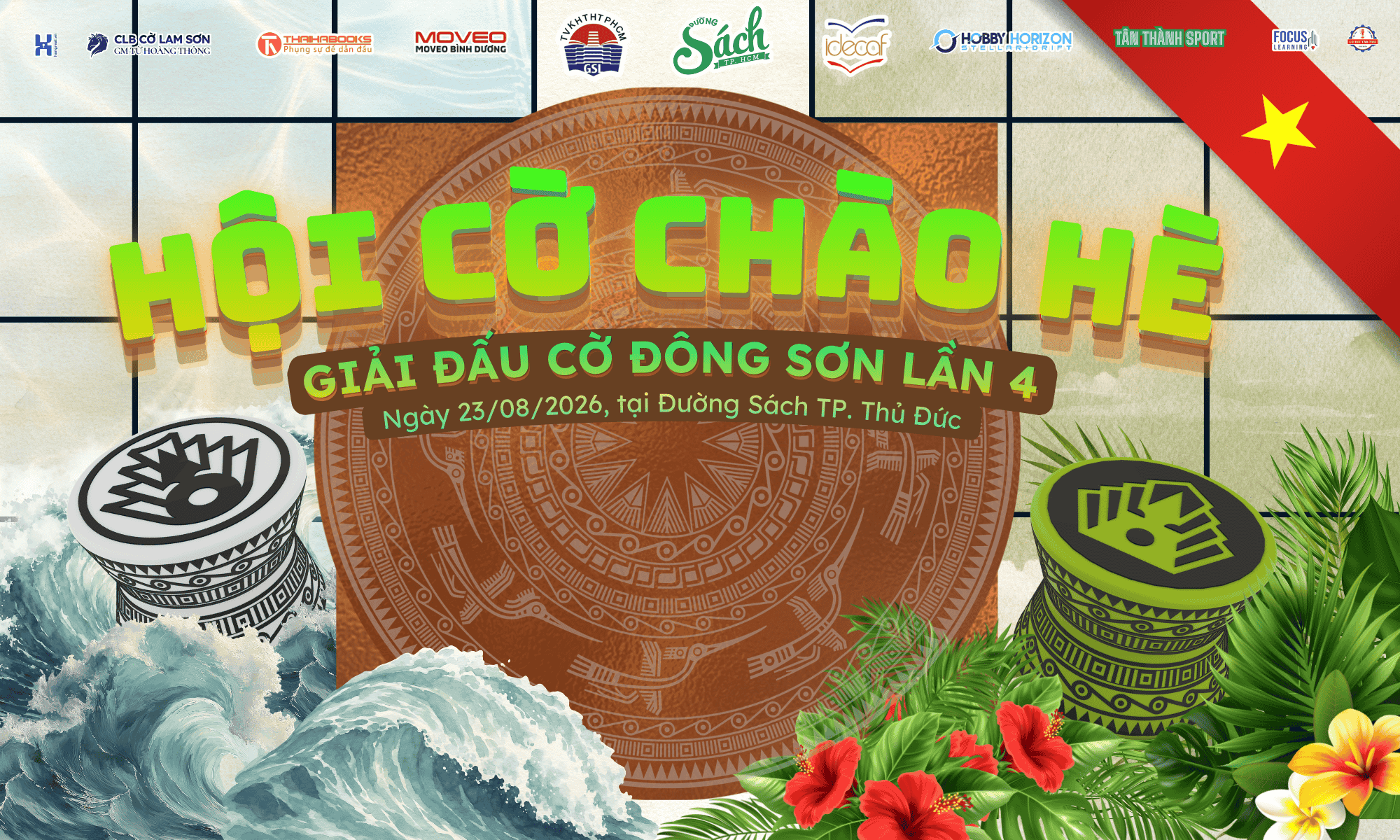 Poster chính thức Giải đấu Cờ Đông Sơn lần 4 - Hội Cờ Chào Hè 2026 diễn ra tại Đường Sách TP. Thủ Đức.